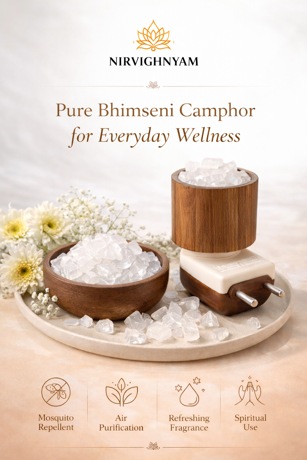 Nirvighnyam 100% Pure Bhimseni Camphor (Kapoor) 100g | Organic Natural Camphor Crystals | For Pooja, Hawan, Air Purifier, Diffuser, Home Fragrance | Long Lasting Aroma