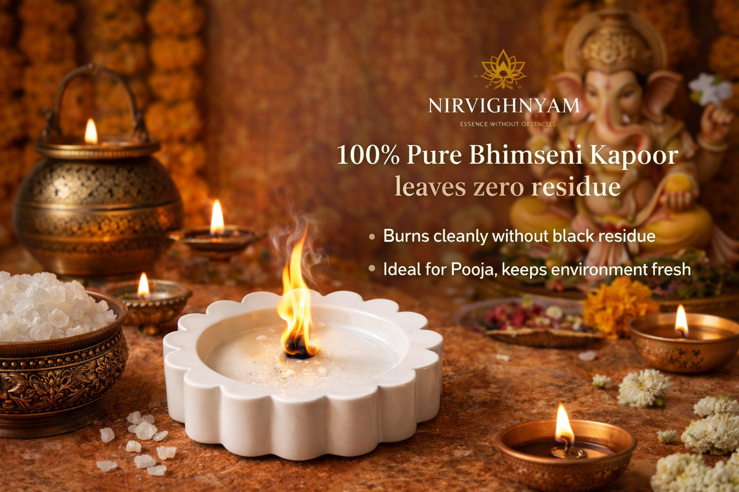 Nirvighnyam 100% Pure Bhimseni Camphor (Kapoor) 100g | Organic Natural Camphor Crystals | For Pooja, Hawan, Air Purifier, Diffuser, Home Fragrance | Long Lasting Aroma