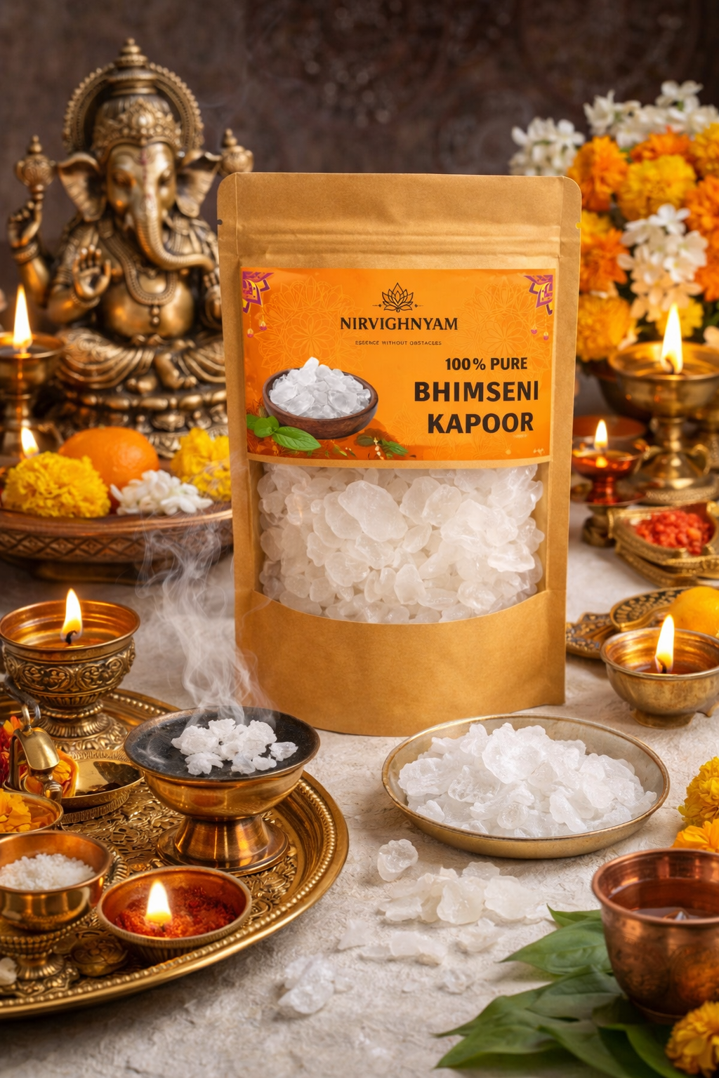 Nirvighnyam 100% Pure Bhimseni Camphor (Kapoor) 100g | Organic Natural Camphor Crystals | For Pooja, Hawan, Air Purifier, Diffuser, Home Fragrance | Long Lasting Aroma