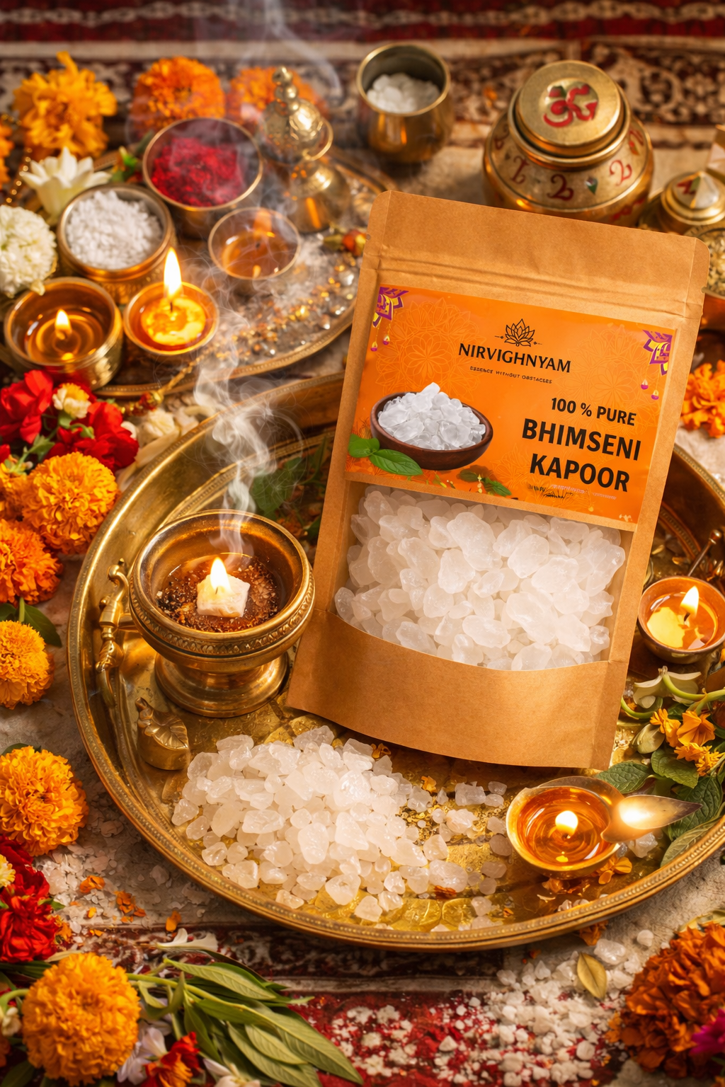 Nirvighnyam 100% Pure Bhimseni Camphor (Kapoor) 100g | Organic Natural Camphor Crystals | For Pooja, Hawan, Air Purifier, Diffuser, Home Fragrance | Long Lasting Aroma