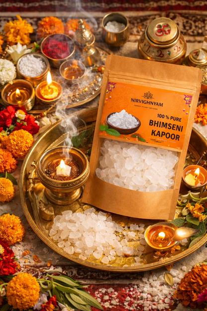 Nirvighnyam 100% Pure Bhimseni Camphor (Kapoor) 100g | Organic Natural Camphor Crystals | For Pooja, Hawan, Air Purifier, Diffuser, Home Fragrance | Long Lasting Aroma