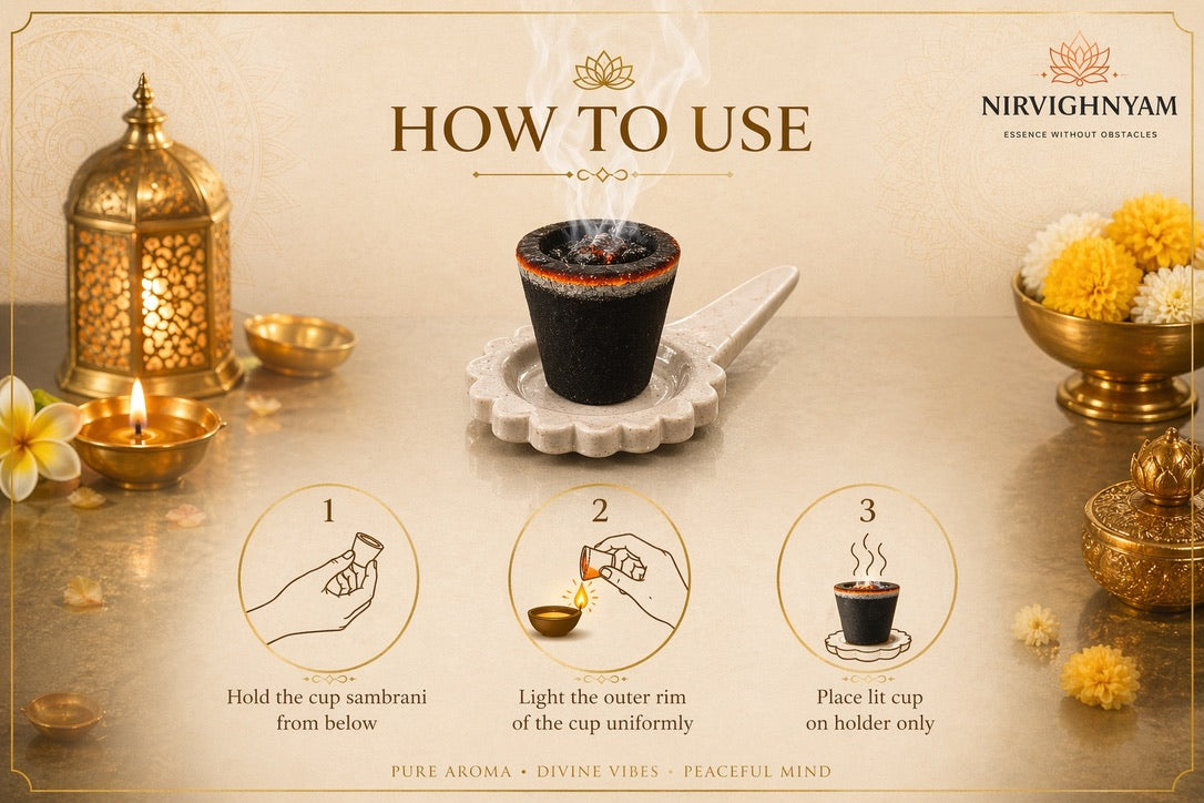 Camspire x Nirvighnyam Premium Organic Havan Cups | Pack of 16 with 1 Premium Ceramic Holder | Includes 4Chandan, 4Loban, 4 Sweet Kasturi & 4 Havan Fragrance Cups | Natural Cow Dung Dhoop Cups for Pooja, Meditation & Spiritual Rituals