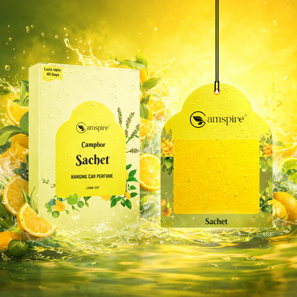 Camspire Camphor Sachet Hanging Car Perfume -Lemon Zest | Next-Gen Camphor Diffusion Based Car Air Freshener | Car Freshener | Last Up to 45 Day