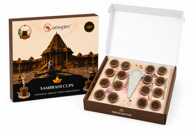 Camspire x Nirvighnyam Premium Organic Havan Cups | Pack of 16 with 1 Premium Ceramic Holder | Includes 4Chandan, 4Loban, 4 Sweet Kasturi & 4 Havan Fragrance Cups | Natural Cow Dung Dhoop Cups for Pooja, Meditation & Spiritual Rituals