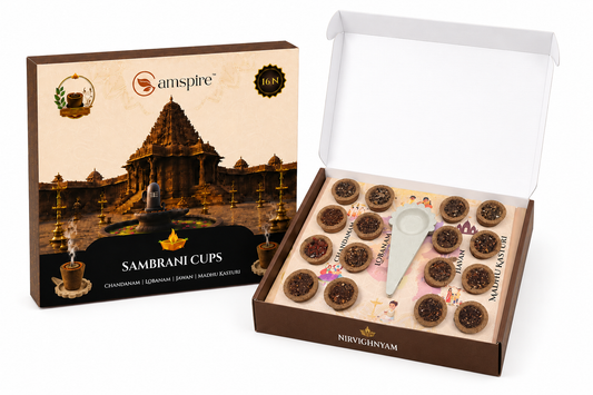 Camspire x Nirvighnyam Premium Organic Havan Cups | Pack of 16 with 1 Premium Ceramic Holder | Includes 4Chandan, 4Loban, 4 Sweet Kasturi & 4 Havan Fragrance Cups | Natural Cow Dung Dhoop Cups for Pooja, Meditation & Spiritual Rituals